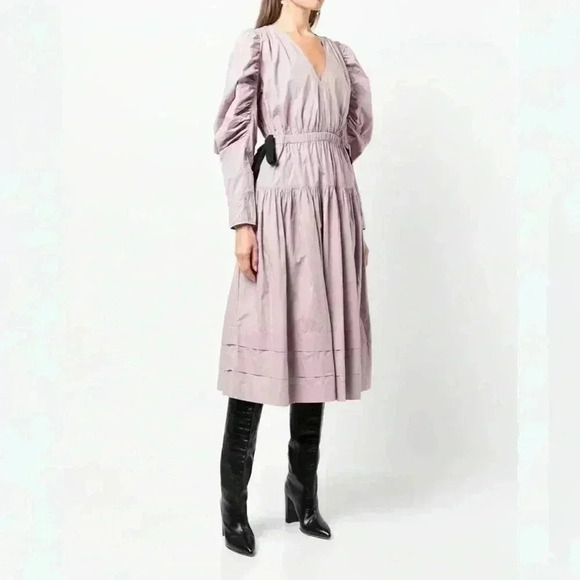 ULLA JOHNSON Gathered Midi Dress 2 Puff Sleeve Althea Tiered Skirt Cotton Bows - Picture 10 of 16